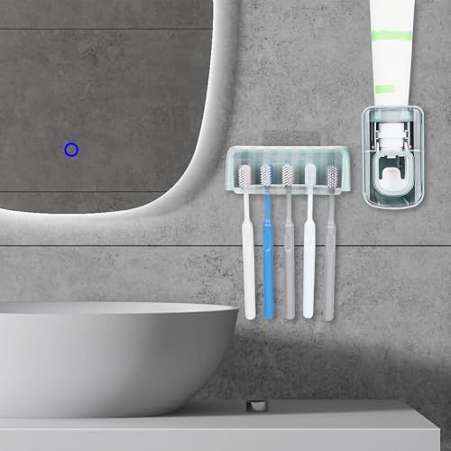 5 Slots Wall Mount Toothbrush Holder with Cover, Self Adhesive Toothbrush Storage Organizer for Shower, Toothbrush Hanger with Automatic Toothpaste Squeezer Dispenser (Blue)