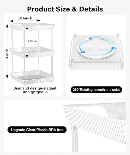 3 Tier Lazy Susan Bathroom Countertop Organizer, 360° Clear Rotating Square Storage Tray, Cosmetics and Perfume Organizer, Spinning Storage Tray Vanity Organizer Shelf for Bathroom Cabinet, Kitchen