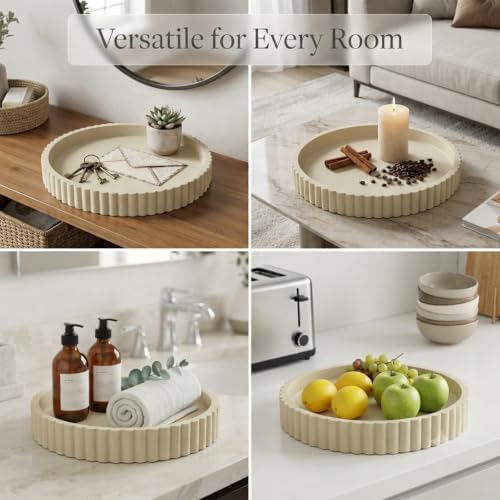 Round Solid Concrete Tray, Fluted Centerpiece for Coffee Table Decor 11"