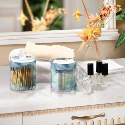 4 Pack Apothecary Jars Bathroom Watercolor Dragonflies Qtip Holder Dispenser Clear Plastic Storage Canister Jar with Lid for Cotton Ball, Cotton Swab