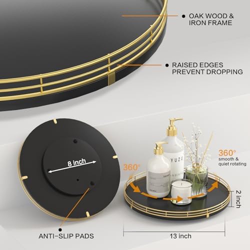 Oroyutor 13-Inch Oak Lazy Susan Vanity Tray with Gold Metal Rail