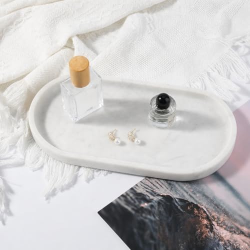 Koville Natural White Marble Tray for Home Decor, 10" x 5" Marble Vanity Tray for Bathroom Countertop Organizer Stone Trays, Catchall Tray for Perfume, Candles, Jewelry (Bianco Carrara)