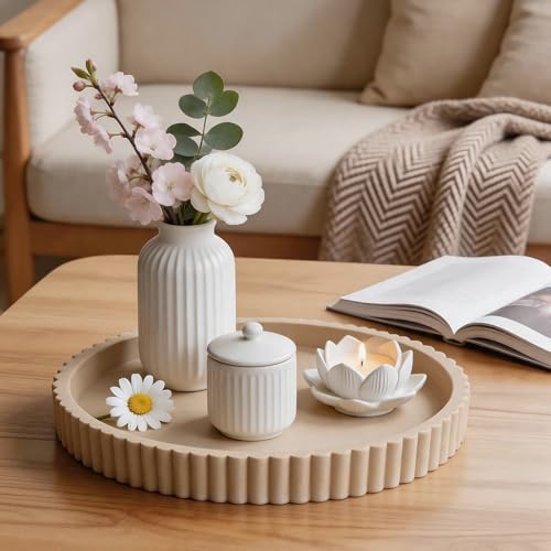 Round Decorative Tray for Home Decor,Coffee Table Tray (Beige)