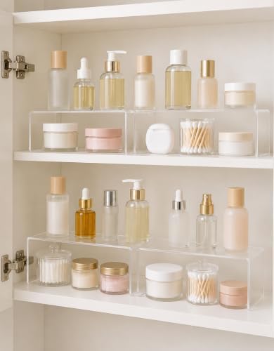 4 Pack Acrylic Medicine Cabinet Organizer, Narrow Bathroom Mirrior Cabinet Storage Shleves, Clear Acrylic Storage Racks for Vanity, Kitchen & RV (11.34×2.95×3.66 inches)