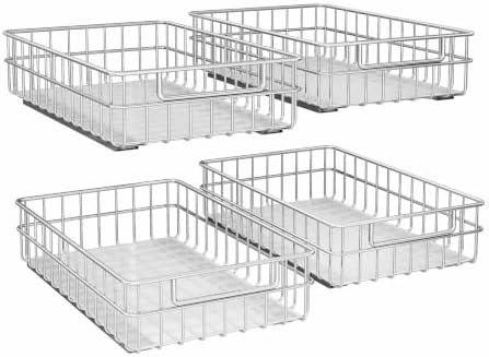Pull out Cabinet Organizer, Stainless Steel 4-Pack (11.8"W x 21"D) Full-Extension Slide out Drawer, Adhesive Roll out Can Spice Storage Basket Shelf Rack for Pantry, Kitchen, Bathroom, Home Closet