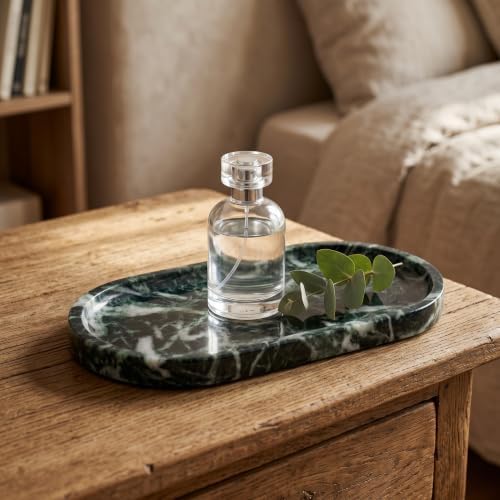YKAJO Snowflake Green Oval Marble Tray, 9.8x4.7 Vanity Perfume Organizer