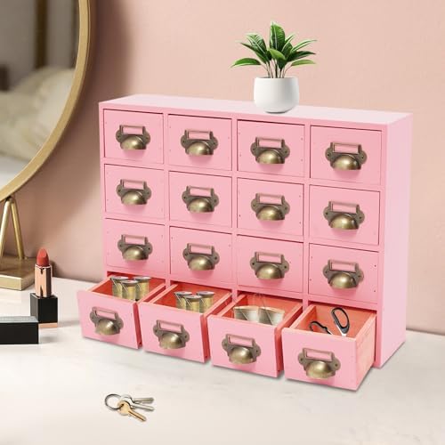 16 Drawers Apothecary Cabinet Library Card Catalog Cabinet Card Catalog Drawer with Metal Handles & Label Slot Wooden Desk Drawer Organizer for Herb Storage, Tea Collection (Pink)