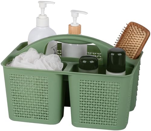 Plastic Portable Shower Caddy Basket with Handle, 3 Compartments, Green
