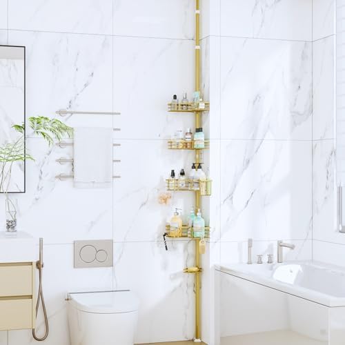 SWTYMIKI Shower Caddy Tension Pole - 4-Tier Corner Shower Organizer Tension Rod with Soap Holder, Toothbrush Holder & 4 Hooks, Adjustable Stainless Steel Shower Shelves 27.6 to 108.3 inch, Gold
