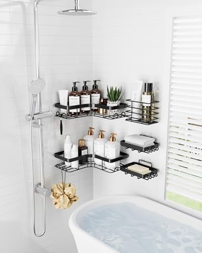 Sakugi Corner Shower Caddy, Large, 5-Pack, Soap & Toothbrush Holder, Black