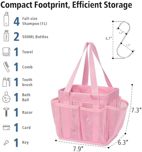 F-color Mesh Shower Caddy Portable - Stand Up 8 Pockets for Dorm, Pink