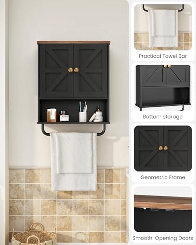 CHOEZON Bathroom Wall Cabinet, Medicine Cabinet with Open Partition and Towel Bar, Rustic Storage Cabinet with Open and Hidden Storage Space, for Bathroom, Living Room, Kitchen, Black and Walnut