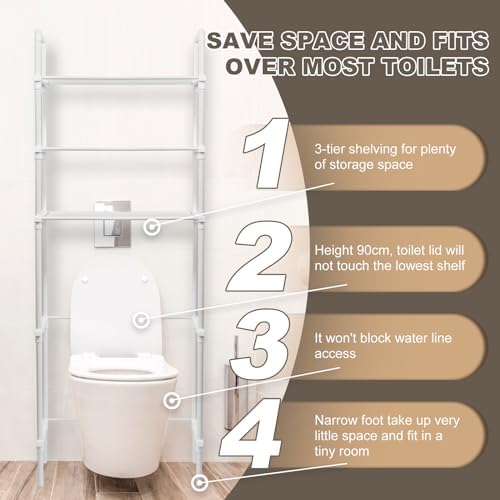 Over The Toilet 3-Tier Storage Cabinet, Above Toilet Storage Rack, Behind Toilet Shelf, Bathroom Organizer Freestanding Toilet Shelf Space Saver for Home Bathroom (White)