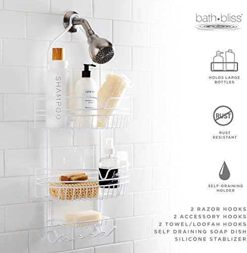 Bath Bliss Head Shower Caddy, 2 Large Baskets, Soap Dish Holder, 6 Accessory Hooks, Moisture & Rust Resistant, White, 4007-WHT