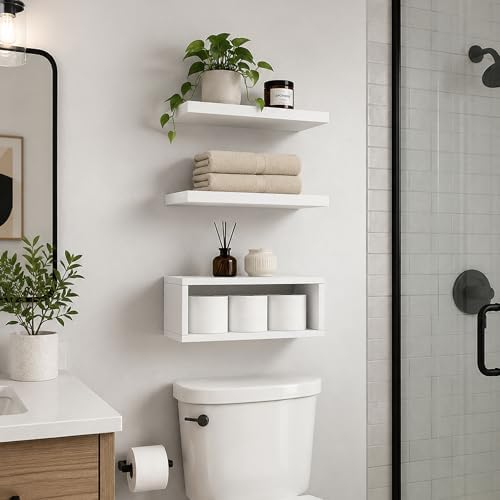 RANK Bathroom Shelves Over Toilet - Wall Mounted Floating Shelves Toilet Paper Storage Small White Decor Shelf 16 inch Set of 3