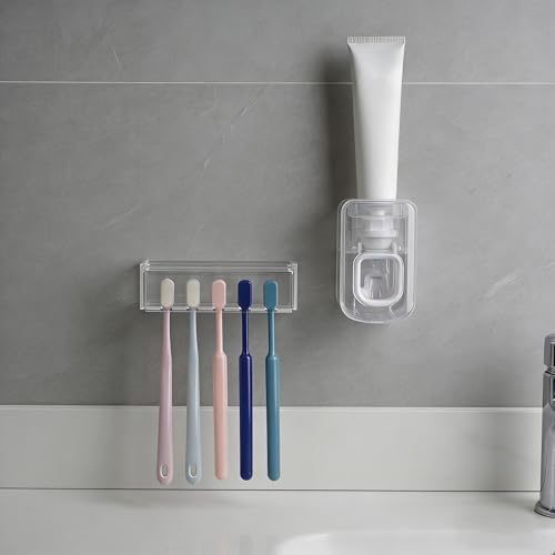 5 Slots Wall Mount Toothbrush Holder with Cover, Self Adhesive Tooth Brush Storage Organizer for Shower Bathrooms, Toothbrush Stand with Automatic Toothpaste Squeezer Dispenser