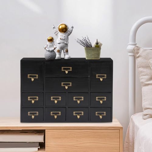 12 Drawers Apothecary Cabinet Library Card Catalog Cabinet Card Catalog Drawer with Metal Handles & Label Slot Wooden Desk Drawer Organizer for Herb Storage, Tea Collection (Black)
