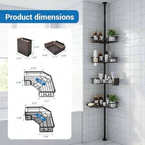 4-Tier Corner Shower Caddy Tension Pole, Floor to Ceiling Shower Corner Shelf Organizer with Soap Hold No-Drill 23.6-114.5 Inch (Black Old)