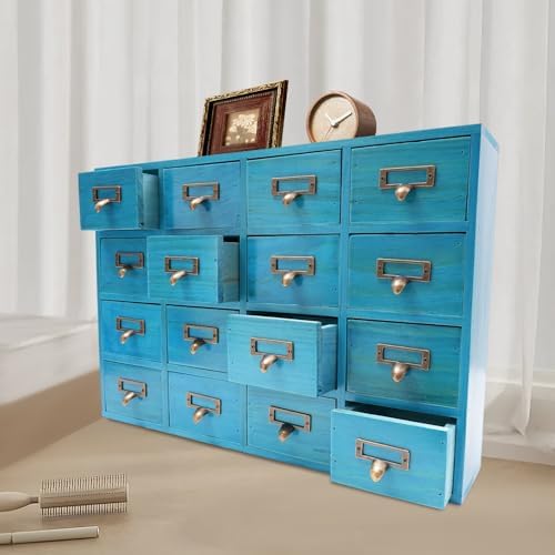 Apothecary Cabinet with 16 Drawers Card Catalog Cabinet, Library Card Catalog Drawer with Metal Handles & Label Slot Wooden Desk Drawer Organizer for Herb Storage, Tea Collection (Blue)
