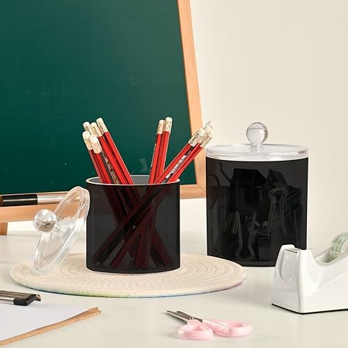 Gredecor Black Apothecary Jars with Lids for Bathroom & Kitchen Organization Containers Acrylic Plastic Organizers Great for Q-Tip Cotton Swabs, Jewelry, Food & Candy Storage, Set of 2 Sizes