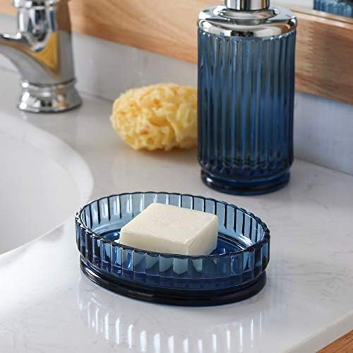 4PCs Heavy Weight Decent Blue Glass Bathroom Accessories Set with Decorative Pressed Pattern - Includes Hand Soap Dispenser & Tumbler & Soap Dish & Toothbrush Holder (Cobalt Blue)