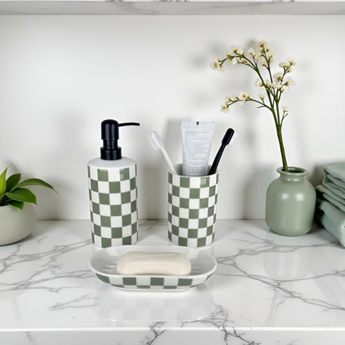 Bathroom Toothbrush Holder Set, Ceramic Soap Dispenser and Tooth Brush Holder and Soap Dish Set, Bathroom Accessories Sets Countertop, Sage Green Checkered Bathroom Decor Set