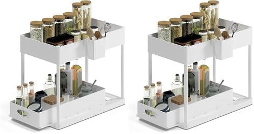 Under Sink Organizers and Storage | Bathroom Cabinet Organizer, Sink Shelf with Utility Hooks and Side Caddy for Under Cabinet Storage | White (2-Pack) Under Kitchen Sink Organizer with Sliding Drawer