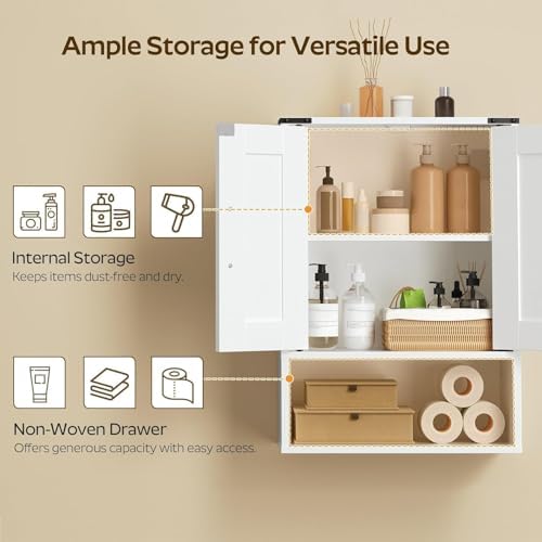 YATINEY Bathroom Wall Cabinet, Medicine Cabinet with Fabric Drawer, Double-Door Wall Mounted Storage Cabinet, 2 Hooks, Over The Toilet Space Saver Storage Cabinet, for Bathroom, Kitchen, White
