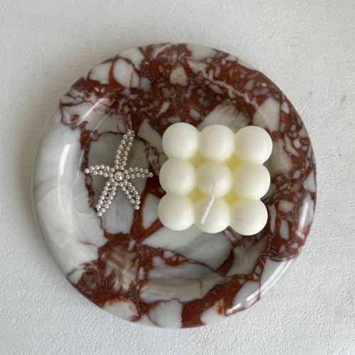 Natural Marble Round Vanity Tray Jewelry Makeup Dish Decorative Tray for Coffee Table,Bathroom,Bedroom (Calacatta Red)
