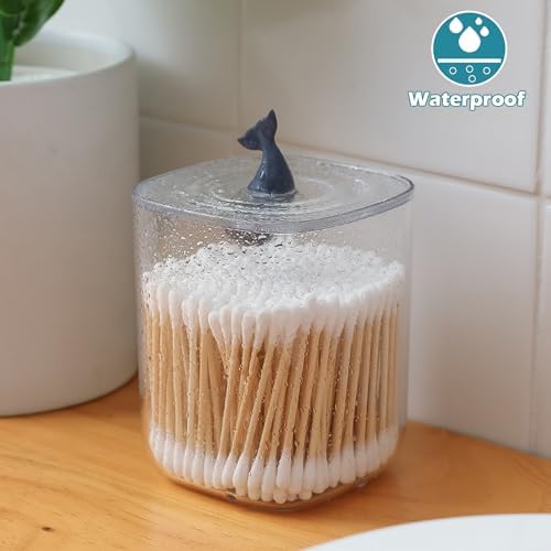 2 Pack Qtips Holder Dispenser,Cute animal shape Jar with Clear Lid Dustproof Cover,for Cotton Ball Swabs Round Pads Toothpick, Clear Plastic Jar Set for Bathroom Canister Storage Organization
