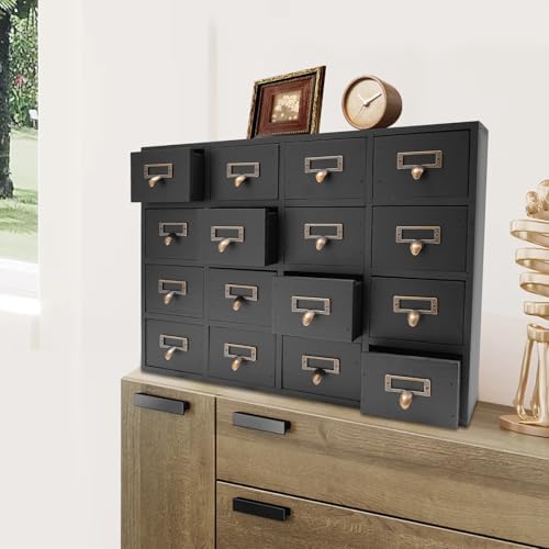 Apothecary Cabinet with 16 Drawers Card Catalog Cabinet, Library Card Catalog Drawer with Metal Handles & Label Slot Wooden Desk Drawer Organizer for Herb Storage, Tea Collection (Black)