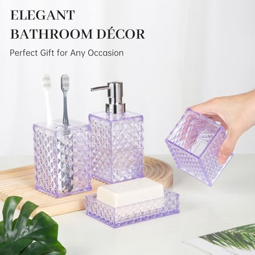 Bathroom Accessory Set, Grid Pattern 4 Pcs Plastic Bathroom Set, Purple