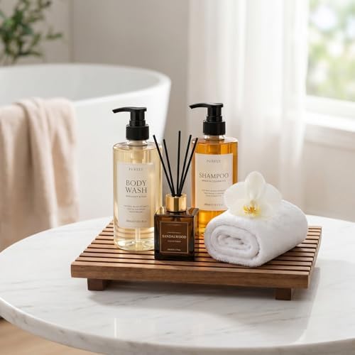 Acacia Wood Pedestal Stand Bathroom Tray Organizer Kitchen Counter Decor