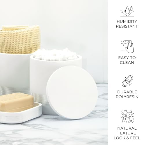 ZCCZ White Bathroom Accessories Set 6 Pieces - Toothbrush Holder, Lotion Dispenser, Qtip Container, Vanity Tray, Tumbler - Countertop Organizer for Bathrooms - Elegant and Functional Décor Set