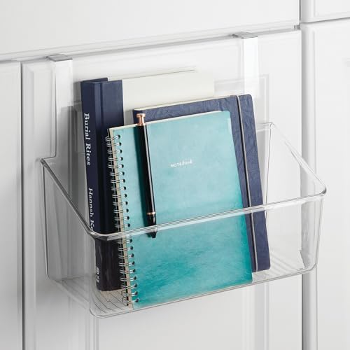 mDesign Plastic Over Cabinet Door Storage Organizer Bin for Kitchen, Pantry, Bathroom, Laundry, Utility Room - Hang Outside or Inside Door - Holds Lunch Bags, Shampoo, Cleaning Supplies, Large - Clear