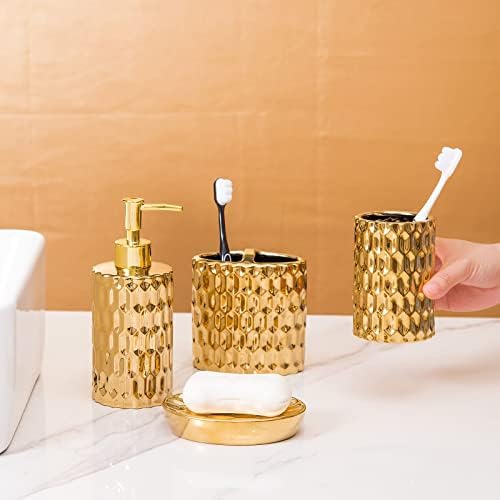 Bathroom Accessories Set Complete, Ceramic 4 Piece Bathroom Set Accessories Bath Accessories Set Complete Soap Dispenser Set with Toothbrush Holder, Soap Dispenser, Tumbler and Soap Dish,Golden