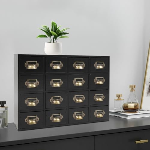 16 Drawers Apothecary Cabinet Library Card Catalog Cabinet Card Catalog Drawer with Metal Handles & Label Slot Wooden Desk Drawer Organizer for Herb Storage, Tea Collection (Black)
