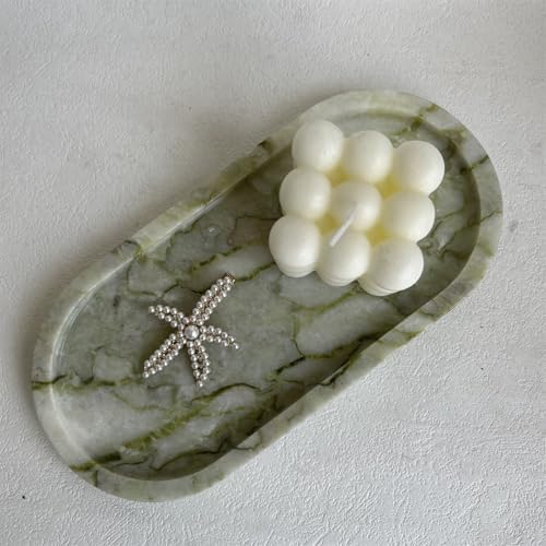 Natural Marble Oval Tray Ornaments Vintage Small Tray Storage Dish for Counter, Vanity, Dresser, Nightstand and Desk (Green Emerald)