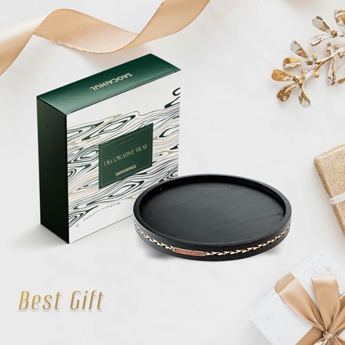 Round Wooden Decorative Tray Coffee Table Tray Home Decor 11.8" Strip Black