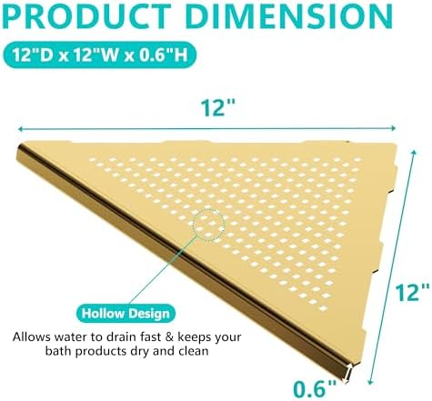 Qeke Corner Shower Shelves, 12” Recessed Tile Shower Shelf Golden, 2 Pack