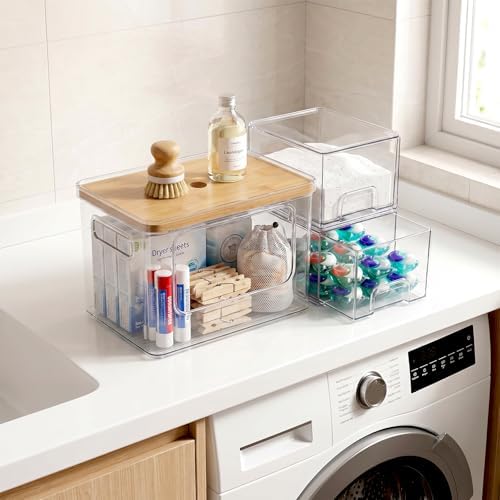 Hudgan Under Sink Organizer 3 in 1, Stackable Acrylic Bathroom Storage, Trash Bag Dispenser and Dishwasher Pods Holder for Kitchen and Laundry Room Organization