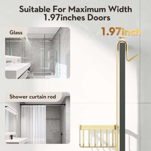 Over the Door Shower Caddy Hanging With Double Soap Holder Never Rust Aluminum Shower Shelf With 4 Hooks Hanging Bathroom Organizer No Drilling Shelves for Bathroom Storage Gold