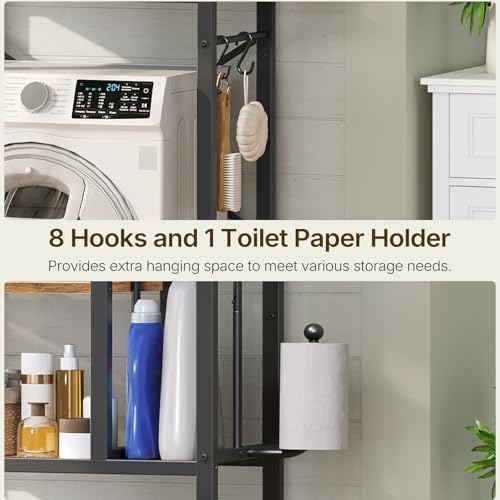YATINEY Over The Toilet Storage Rack, 3-Tier Bathroom Organizer Shelf, Above Toilet Storage with Paper Holder 8 Hooks, Over The Toilet Storage Cabinet for Bathroom, Rustic Brown and Black TR06BR
