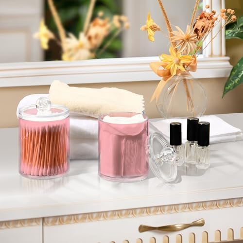 Gredecor 4 Pack Light Pink Qtip Holder Organizer Dispenser Clear Bathroom Storage Canister Cotton Ball Holder Bathroom Containers for Cotton Swabs/Pads/Floss