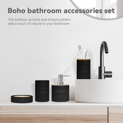 Bathroom Accessories Set 4 PCS, Black Bamboo Bathroom Sets Accessories