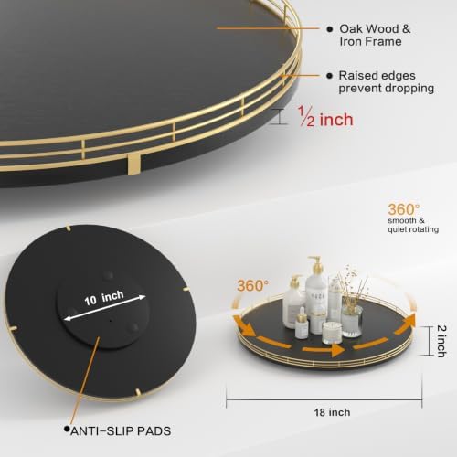Oroyutor 18" Oak Wooden Lazy Susan Turntable for Dining Table, Large Round Lazy Susans Organizer for Kitchen Countertop, Tabletop 360ยฐRotating Tray for Spice Organization Gold Black Home Decor