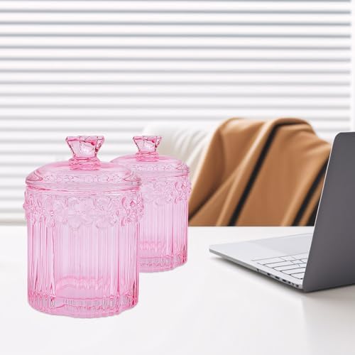 2 Pack Qtip Holder Glass Bathroom Storage Canisters for Cotton Rounds, Apothecary Jars with Lids, Cute Crystal Beauty Eggs Makeup Pads Dispenser, Candy Container Floss Organizers (Pink)