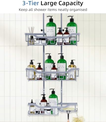 Adjustable Shower Caddy Hanging, Extended Length Organizer Over Shower Head, 3 Tier Long Neck Shower Rack with Soap Holder for Large Storage, Grey