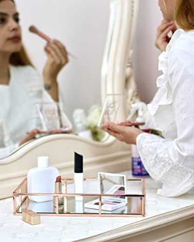 JollyCaper Rosegold Mirror Vanity Tray, Rectangle 12x8x2 Inches - Jewelry, Perfume, Makeup Organizer - Decorative Metal Tray for Dresser, Bathroom, Living Room, Bar Cart