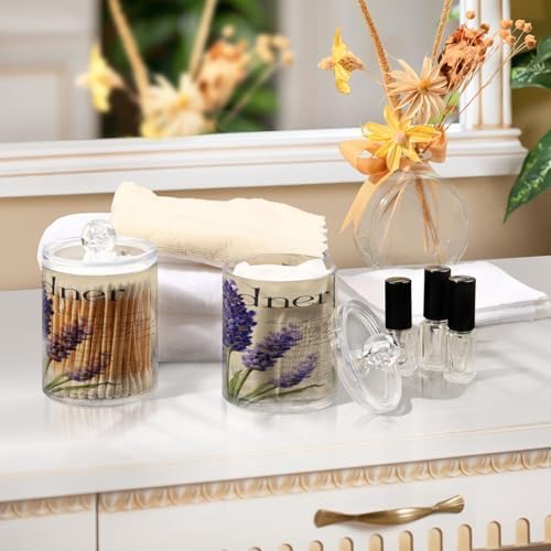 Vintage Lavender Flowers Qtip Holder Apothecary Jars Bathroom Storage Floss Makeup Organizer for Cotton Ball Swab Acrylic 2 Packs